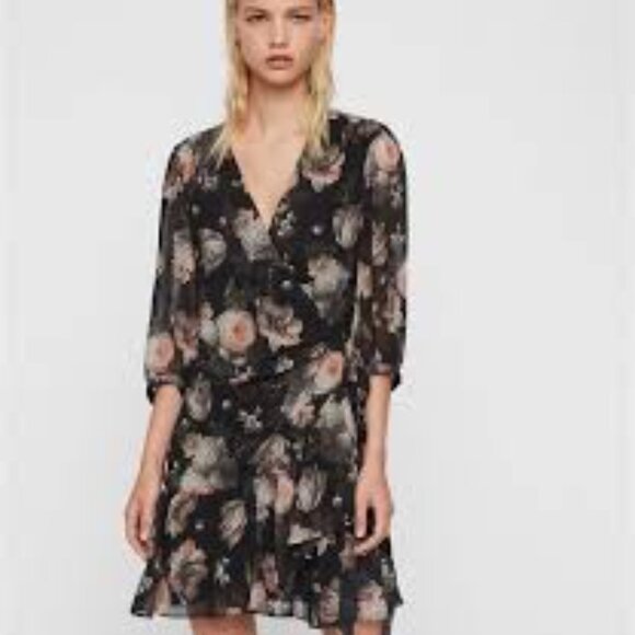 All Saints Jade Eden Dress - Mini Dark Floral Wrap Dress - Size Medium - Picture 4 of 12